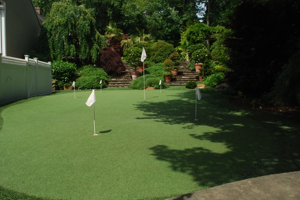 Detroit and all of Michigan Synthetic grass golf green with flags in a landscaped backyard
