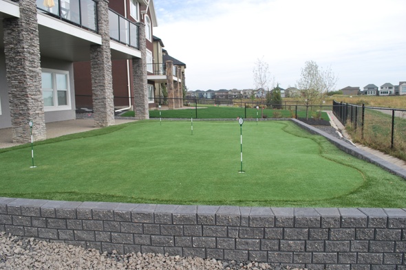 Detroit and all of Michigan residential backyard putting green grass near modern home with golf flags