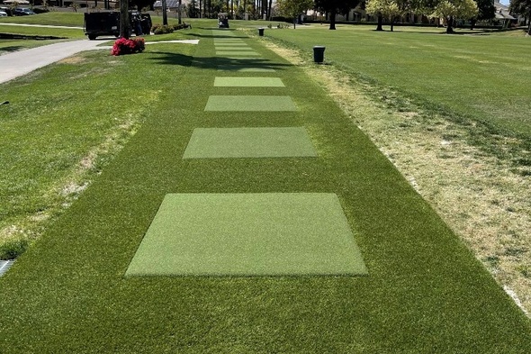 Detroit and all of Michigan Outdoor tee line with light green synthetic grass boxes inside a dark green synthetic grass strip
